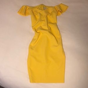 ASOS, midi off the shoulder dress in yellow